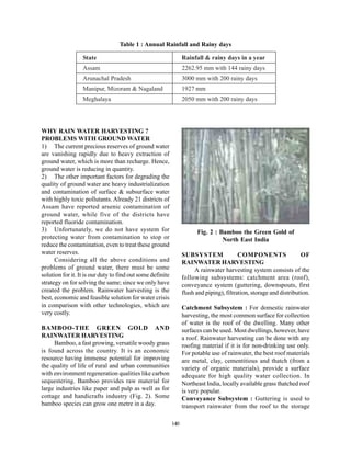 Table 1 : Annual Rainfall and Rainy days

                  State                                           Rainfall & rainy days in a year
                  Assam                                           2262.95 mm with 144 rainy days
                  Arunachal Pradesh                               3000 mm with 200 rainy days
                  Manipur, Mizoram & Nagaland                     1927 mm
                  Meghalaya                                       2050 mm with 200 rainy days




WHY RAIN WATER HARVESTING ?
PROBLEMS WITH GROUND WATER
1) The current precious reserves of ground water
are vanishing rapidly due to heavy extraction of
ground water, which is more than recharge. Hence,
ground water is reducing in quantity.
2) The other important factors for degrading the
quality of ground water are heavy industrialization
and contamination of surface & subsurface water
with highly toxic pollutants. Already 21 districts of
Assam have reported arsenic contamination of
ground water, while five of the districts have
reported fluoride contamination.
3) Unfortunately, we do not have system for                             Fig. 2 : Bamboo the Green Gold of
protecting water from contamination to stop or                                    North East India
reduce the contamination, even to treat these ground
water reserves.                                                   SUBSYSTEM                COMPONENTS                 OF
      Considering all the above conditions and                    RAINWATER HARVESTING
problems of ground water, there must be some                           A rainwater harvesting system consists of the
solution for it. It is our duty to find out some definite         following subsystems: catchment area (roof),
strategy on for solving the same; since we only have              conveyance system (guttering, downspouts, first
created the problem. Rainwater harvesting is the                  flush and piping), filtration, storage and distribution.
best, economic and feasible solution for water crisis
in comparison with other technologies, which are                  Catchment Subsystem : For domestic rainwater
very costly.                                                      harvesting, the most common surface for collection
                                                                  of water is the roof of the dwelling. Many other
BAMBOO-THE GREEN GOLD AND                                         surfaces can be used. Most dwellings, however, have
RAINWATER HARVESTING                                              a roof. Rainwater harvesting can be done with any
     Bamboo, a fast growing, versatile woody grass                roofing material if it is for non-drinking use only.
is found across the country. It is an economic                    For potable use of rainwater, the best roof materials
resource having immense potential for improving                   are metal, clay, cementitious and thatch (from a
the quality of life of rural and urban communities                variety of organic materials), provide a surface
with environment regeneration qualities like carbon               adequate for high quality water collection. In
sequestering. Bamboo provides raw material for                    Northeast India, locally available grass thatched roof
large industries like paper and pulp as well as for               is very popular.
cottage and handicrafts industry (Fig. 2). Some                   Conveyance Subsystem : Guttering is used to
bamboo species can grow one metre in a day.                       transport rainwater from the roof to the storage

                                                            140
 