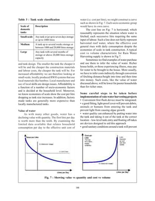Table 3 : Tank scale classification                              water (i.e. cost per litre), we might construct a curve
                                                                 such as shown in Fig: 7. Each socio-economic group
  Scale of      Description                                      would have its own curve.
  domestic                                                             The cost line on Fig: 7 is horizontal, which
  tanks                                                          reasonably represents the situation where water is
  Small-scale   Any tank or jar up to seven days storage         fetched, each successive litre requiring the same
                or up to 1000 litres                             input of labour. Such a line does not fairly represent
  Medium        A tank up to several weeks storage or            harvested roof water, where the effective cost
                between 1000 and 20,000 litres storage           general rises with daily consumption despite the
                                                                 economies of scale in tank construction. A typical
  Large         Any tank with several months of
                                                                 cost vs volume characteristic for Rain Water
                storage or above 20,000 litres storage
                                                                 Harvesting supply is shown in Fig 7.
                capacity
                                                                       Sometimes we find examples of water purchase
and tank design. The smaller the tank the cheaper it             and use them to infer the value of water. Richer
will be and the cheaper the construction materials               house holds, or those experiencing illness, may pay
and labour costs, the cheaper the tank will be. For              for water to be brought to the house. More usually,
increased affordability we are therefore looking at              we have to infer costs indirectly through conversion
small-scale, locally produced RWH systems that use               of fetching distance/height into time and then time
local materials like bamboo. Local manufacture and               into money. Such costs, like the value of water
use of local skills are design issues. Affordability is          discussed above, will be lower for poorer households
a function of a number of socio-economic factors                 than for richer ones.
and is decided at the household level. Moreover,
we know economies of scale show the cost per litre               Some careful steps to be taken before
dropping as tank size increases. In addition, factory            implementation of rain water harvesting projects
made tanks are generally more expensive than                     • Convenient first flush device must be integrated.
locally manufactured tanks.                                      • a good fitting, light-proof cover will prevent debris,
                                                                 animals or humans from entering the tank and
Value of water                                                   prevent light from causing algae growth
     As with many other goods, water has a                       • water quality can enhanced by putting water into
declining value with quantity. The first litre per day           the tank and taking it out of the tank at the correct
is worth more than the tenth. By examining the                   location – low-level tank entry and floating off-takes
limited data available that relates household                    are devices designed to aid this approach
consumption per day to the effective unit cost of                • good sanitary conditions around a tank will prevent




                         Fig. 7 : Showing value vs quantity and cost vs volume


                                                           144
 