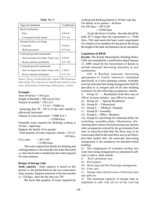 Table No 3                                   cooking and drinking purpose is 10 liter/ cap/ day
                                                                   For family of six person = 60 liters.
 Type of Catchment                          Coefficients
                                                                   For 245 days = 245 X 60
 Roof Catchments                                                                  = 14700 liters.
  -Tiles                                    0.8-0.9                      As per the factor of safety the tank should be
  - Corrugated metal sheets                 0.7- 0.9               built 20 % larger than the requirement i.e. 17640
 Ground surface coverings
                                                                   liters. This tank meets the basic water requirement
                                                                   for a family of six members for dry period. By fixing
  -Concrete                                 0.6-0.8
                                                                   the height of the tank, the diameter can be calculated.
  - Brick pavement                          0.5- 0.6
 Untreated ground catchments                                       Legislation of RWH.
  - Soil on slopes less than 10 per cent    0.0-0.3                Kerala: The Kerala Municipality Building Rules,
                                                                   1999 was amended by a notification dated January
  - Rocky natural catchments                0.2 - 0.5
                                                                   12, 2004 issued by the Government of Kerala to
 Untreated ground catchments                                       include rainwater harvesting structures in new
  - Soil on slopes less than 10 per cent    1.0-0.3                construction.
  - Rocky natural catchments                0.2 - 0.5                    109. A Rooftop rainwater harvesting
                                                                   agreements.1) Unless otherwise stipulated
Source : Pacey, Arnold and Cullis, Adrian 1989, Rainwater
Harvesting: The collection of rainfall and runoff in rural
                                                                   specifically in a town planning scheme, workable
areas, Intermediate Technology Publications, London.
                                                                   roof top rainwater harvesting arrangements shall be
                                                                   provided as in integral part of all new building
Example :                                                          constructs for the following occupancies, namely
Area of terrace = 150 sq.m.                                        i) Group A1 — Residential (with floor area of
Height of Rainfall = 500 mm (0.5m)                                 100 m2 or more and plot area 200 m2 or more)
Volume of rainfall = 150 x 0.5                                     ii) Group A2 — Special Residential.
                    = 7.5 m3 = 75000 Lit.                          iii) Group B — Educational.
 Assuming that 70 – 80 % of the total rainfall is                  iv) Group C — Medical / Hospital.
effectively harvested                                              v) Group D – Assembly
Volume of water harvested = 75000 X 0.7                            vi) Group E – Office / Business.
                             = 52500 liters.                       vii) Group G1 and Group G2 industrial (Only for
Generally water required for drinking, cooking is                  workshop, assembly plant, laboratories, dry-
10 liter / capita/day                                              cleaning plant, diaries food processing unit and any
Suppose the family of six people                                   other occupancies noticed by the government from
 Total quantity of water required / family = 10 x 6                time to time).Provided that the floor area to be
                                           = 60 liters.            constructed shall be the total floor area in all floors:
For a year        = 365 x 60                                       provided further that, the rainwater harvesting
                  = 21900 liters.                                  arrangement is not mandatory for thatched roofed
      The water required for family for drinking and               building.
cooking purpose is less than the rain water harvested              2) The components of workable rooftop rain
i.e. harvested water is double than the water required             water harvesting arrangements as stipulated in sub-
for main purpose.                                                  rule (1) above, shall include
                                                                   i)    Roof catchments area
Design of Storage tank                                             ii) Roof gutters
Tank capacity : Tank capacity is based on dry                      iii) Down pipe and first flush pipe arrangement
period i.e. the period between the two consecutive                 iv) Filter unit
rainy seasons. Suppose monsoon is for four months                  v) Storage tank with provision of drawing water
i.e. 120 days , then the dry days are 245.                         and spillover
      We know that quantity of water required for                  3) The minimum capacity of storage tank as
                                                                   stipulated in sub- rule (2) (v) of the roof top

                                                             168
 