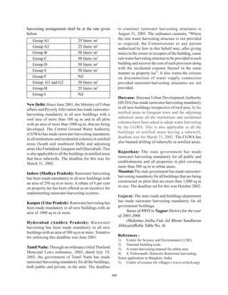 harvesting arrangement shall be at the rate given                 to construct rainwater harvesting structures is
below                                                             August 31, 2003. The ordinance cautions, “Where
                                                                  the rain water harvesting structure is not provided
    Group A1                       25 liters/ m2
                                                                  as required, the Commissioner or any person
    Group A2                       25 liters/ m2                  authorized by him in this behalf may, after giving
    Group B                        50 liters/ m2                  notice to the owner or occupier of the building, cause
    Group C                        50 liters/ m2                  rain water harvesting structure to be provided in such
    Group D                        50 liters/ m2                  building and recover the cost of such provision along
                                                                  with the incidental expense thereof in the same
    Group E                        50 liters/ m2
                                                                  manner as property tax”. It also warns the citizens
    Group F                        Nil                            on disconnection of water supply connection
    Group G1 and G2                50 liters/ m2                  provided rainwater-harvesting structures are not
    Group H                        25 liters/ m2                  provided.
    Group I                        Nil
                                                                  Haryana: Haryana Urban Development Authority
New Delhi :Since June 2001, the Ministry of Urban                 (HUDA) has made rainwater-harvesting mandatory
affairs and Poverty Alleviation has made rainwater-               in all new buildings irrespective of roof area. In the
harvesting mandatory in all new buildings with a                  notified areas in Gurgaon town and the adjoining
roof area of more than 100 sq m and in all plots                  industrial areas all the institutions and residential
with an area of more than 1000 sq m, that are being               colonies have been asked to adopt water harvesting
developed. The Central Ground Water Authority                     by the CGWA. This is also applicable to all the
(CGWA) has made rainwater harvesting mandatory                    buildings in notified areas having a tubewell,
in all institutions and residential colonies in notified          deadline was for March 31, 2002. The CGWA has
areas (South and southwest Delhi and adjoining                    also banned drilling of tubewells in notified areas.
areas like Faridabad, Gurgaon and Ghaziabad). This
is also applicable to all the buildings in notified areas         Rajasthan: The state government has made
that have tubewells. The deadline for this was for                rainwater harvesting mandatory for all public and
March 31, 2002.                                                   establishments and all properties in plot covering
                                                                  more than 500 sq m in urban areas.
Indore (Madhya Pradesh): Rainwater harvesting                     Mumbai:The state government has made rainwater-
has been made mandatory in all new buildings with                 harvesting mandatory for all buildings that are being
an area of 250 sq m or more. A rebate of 6 per cent               constructed on plots that are more than 1,000 sq m
on property tax has been offered as an incentive for              in size. The deadline set for this was October 2002.
implementing rainwater-harvesting systems.
                                                                  Gujarat: The state roads and buildings department
Kanpur (Uttar Pradesh): Rainwater harvesting has                  has made rainwater harvesting mandatory for all
been made mandatory in all new buildings with an                  government buildings.
area of 1000 sq m or more.                                             Status of RWH in Nagpur District for the year
                                                                  of 2005-2006
Hyderabad (Andhra Pradesh): Rainwater                                  (Mahatma Jotiba Fule Jal Bhomi Sandharan
harvesting has been made mandatory in all new                     Abhiyan)(Refer Table No. 4)
buildings with an area of 300 sq m or more. Tentative
for enforcing this deadline was June 2001.                        References :
                                                                  1) Centre for Science and Environment ( CSE)
                                                                  2) National building code.
Tamil Nadu: Through an ordinance titled Thailand                  3) A water-harvesting manual for urban area.
Muncipal Laws ordinance, 2003, dated July 19,                     4) S. Vishwanath. Domestic Rainwater harvesting.
2003, the government of Tamil Nadu has made                       Some application in Banglore, India
rainwater harvesting mandatory for all the buildings,             5) Centre of science for villages ( www.csvtech.org)
both public and private, in the state. The deadline

                                                            169
 