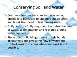 Conserving Soil and Water
• Contour - Contour trenches trap rain water,
enable it to percolate to underground aquifers
and break the speed of fast moving water
• Gully control - Gully plugs help to control the flow
of water, sedimentation and recharge ground
water aquifers.
• Stone bunds - Building stone and nala bunds
across the slope arrest the flow of water and
control erosion in areas where soil work is not
possible.
 