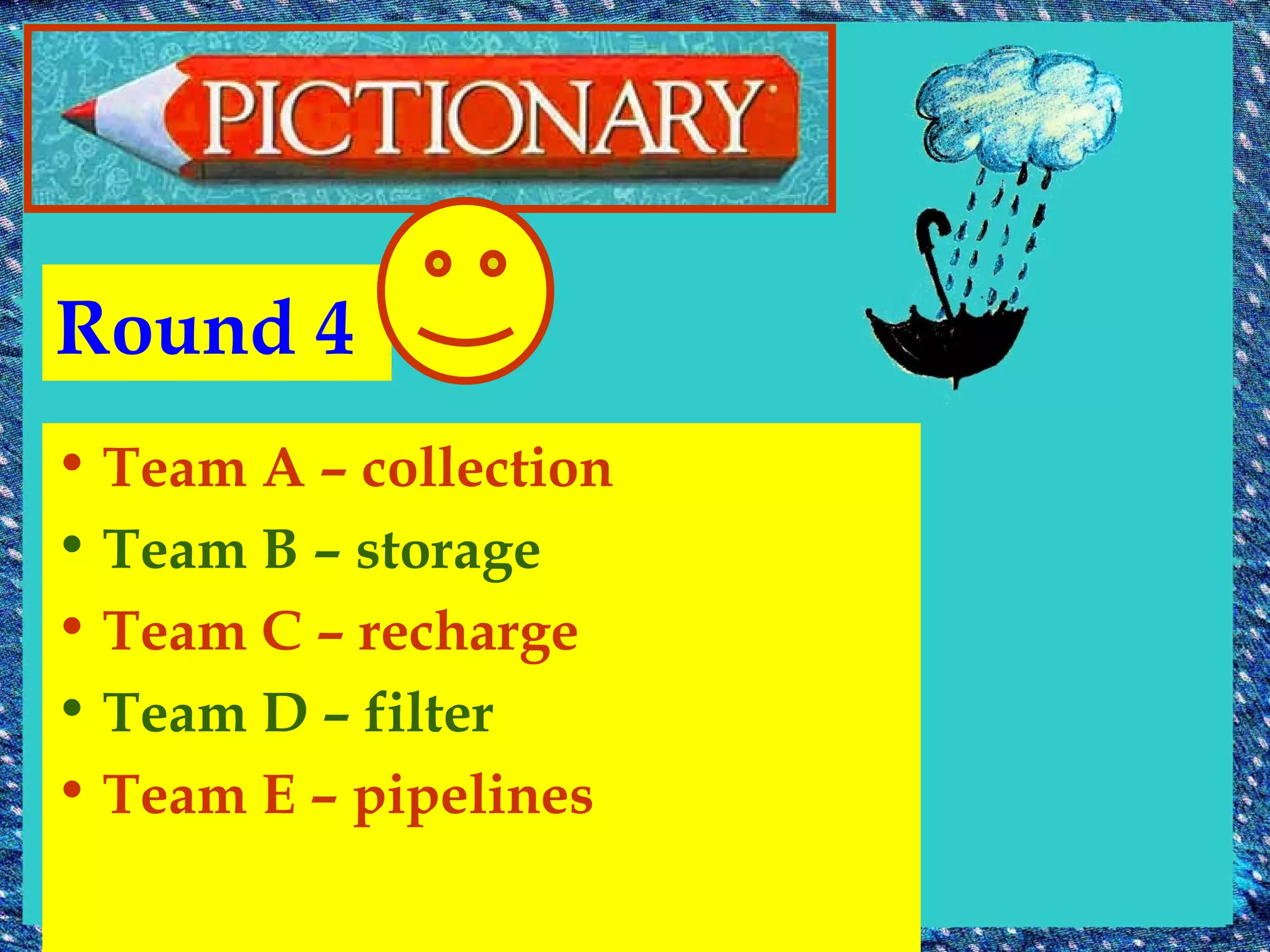 Round 4 Team A – collection Team B – storage Team C – recharge Team D – filter Team E – pipelines 