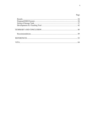 x




                                                                                                                              Page

   Results ........................................................................................................................ 24
   Proposed RWH System.............................................................................................. 30
   Sizing of Storage Tank............................................................................................... 37
   Development of a Teaching Tool............................................................................... 42

SUMMARY AND CONCLUSION............................................................................... 48

   Recommendations ...................................................................................................... 49

REFERENCES............................................................................................................... 52

VITA .............................................................................................................................. 64
 