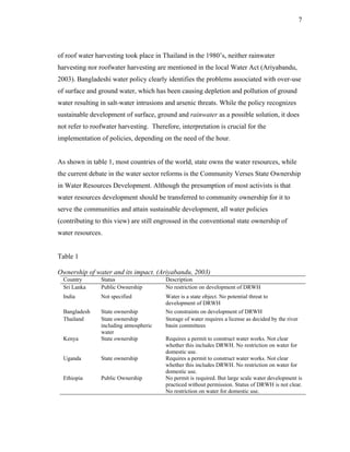 7




of roof water harvesting took place in Thailand in the 1980’s, neither rainwater
harvesting nor roofwater harvesting are mentioned in the local Water Act (Ariyabandu,
2003). Bangladeshi water policy clearly identifies the problems associated with over-use
of surface and ground water, which has been causing depletion and pollution of ground
water resulting in salt-water intrusions and arsenic threats. While the policy recognizes
sustainable development of surface, ground and rainwater as a possible solution, it does
not refer to roofwater harvesting. Therefore, interpretation is crucial for the
implementation of policies, depending on the need of the hour.


As shown in table 1, most countries of the world, state owns the water resources, while
the current debate in the water sector reforms is the Community Verses State Ownership
in Water Resources Development. Although the presumption of most activists is that
water resources development should be transferred to community ownership for it to
serve the communities and attain sustainable development, all water policies
(contributing to this view) are still engrossed in the conventional state ownership of
water resources.


Table 1

Ownership of water and its impact. (Ariyabandu, 2003)
  Country       Status                  Description
  Sri Lanka     Public Ownership        No restriction on development of DRWH
  India         Not specified           Water is a state object. No potential threat to
                                        development of DRWH
  Bangladesh    State ownership         No constraints on development of DRWH
  Thailand      State ownership         Storage of water requires a license as decided by the river
                including atmospheric   basin committees
                water
  Kenya         State ownership         Requires a permit to construct water works. Not clear
                                        whether this includes DRWH. No restriction on water for
                                        domestic use.
  Uganda        State ownership         Requires a permit to construct water works. Not clear
                                        whether this includes DRWH. No restriction on water for
                                        domestic use.
  Ethiopia      Public Ownership        No permit is required. But large scale water development is
                                        practiced without permission. Status of DRWH is not clear.
                                        No restriction on water for domestic use.
 
