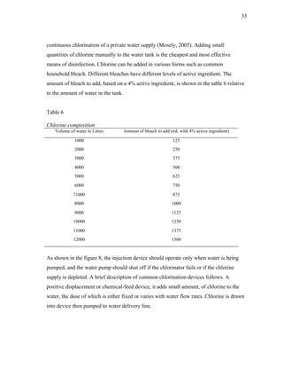 35




continuous chlorination of a private water supply (Mosely, 2005). Adding small
quantities of chlorine manually to the water tank is the cheapest and most effective
means of disinfection. Chlorine can be added in various forms such as common
household bleach. Different bleaches have different levels of active ingredient. The
amount of bleach to add, based on a 4% active ingredient, is shown in the table 6 relative
to the amount of water in the tank.


Table 6

Chlorine composition
   Volume of water in Litres          Amount of bleach to add (mL with 4% active ingredient)

             1000                                              125
             2000                                              250
             3000                                              375
             4000                                              500
             5000                                              625
             6000                                              750
            71000                                              875
             8000                                             1000
             9000                                             1125
            10000                                             1250
            11000                                             1375
            12000                                             1500



As shown in the figure 8, the injection device should operate only when water is being
pumped, and the water pump should shut off if the chlorinator fails or if the chlorine
supply is depleted. A brief description of common chlorination devices follows. A
positive displacement or chemical-feed device, it adds small amount, of chlorine to the
water, the dose of which is either fixed or varies with water flow rates. Chlorine is drawn
into device then pumped to water delivery line.
 