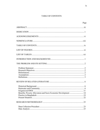ix




                                               TABLE OF CONTENTS


                                                                                                                              Page

ABSTRACT ....................................................................................................................iii

DEDICATION ................................................................................................................. v

ACKNOWLEDGEMENTS ............................................................................................ vi

NOMENCLATURE......................................................................................................viii

TABLE OF CONTENTS ................................................................................................ ix

LIST OF FIGURES......................................................................................................... xi

LIST OF TABLES .........................................................................................................xii

INTRODUCTION AND BACKGROUND..................................................................... 1

THE PROBLEM AND ITS SETTING ............................................................................ 2

   Problem Statement ....................................................................................................... 2
   Research Objectives ..................................................................................................... 2
   Delimitations ................................................................................................................ 2
   Assumptions ................................................................................................................. 2
   Definitions.................................................................................................................... 3

REVIEW OF RELATED LITERATURE ....................................................................... 6

   Historical Background.................................................................................................. 6
   Rainwater and Community........................................................................................... 6
   Irrigation & RWH ...................................................................................................... 11
   Benefits: Poverty Alleviation and Socio Economic Development ............................ 14
   Practice in Bangladesh ............................................................................................... 19
   Present Situation......................................................................................................... 22

RESEARCH METHODOLOGY ................................................................................... 23

   Data Collection Procedure ......................................................................................... 23
   Data Analysis ............................................................................................................. 23
 