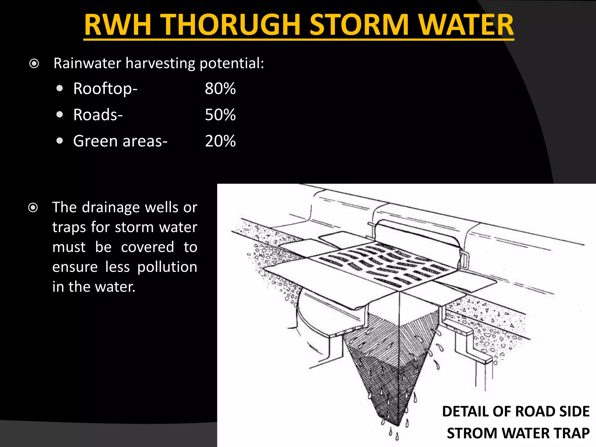 RWH THORUGH STORM WATER
 Rainwater harvesting potential:
 Rooftop- 80%
 Roads- 50%
 Green areas- 20%
 The drainage wells or
traps for storm water
must be covered to
ensure less pollution
in the water.
DETAIL OF ROAD SIDE
STROM WATER TRAP
 