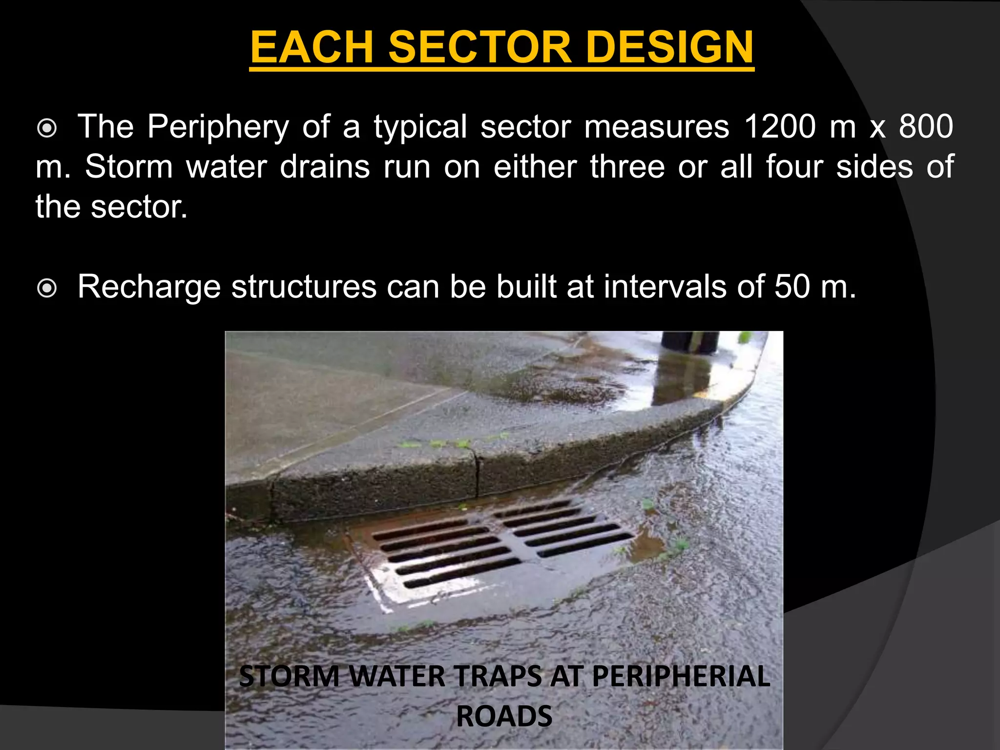 EACH SECTOR DESIGN
 The Periphery of a typical sector measures 1200 m x 800
m. Storm water drains run on either three or all four sides of
the sector.
 Recharge structures can be built at intervals of 50 m.
STORM WATER TRAPS AT PERIPHERIAL
ROADS
 
