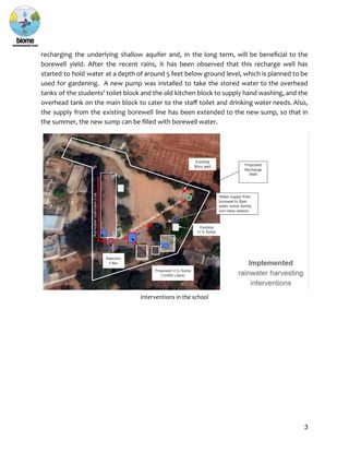 recharging the underlying shallow aquifer and, in the long term, will be beneficial to the
borewell yield. After the recent rains, it has been observed that this recharge well has
started to hold water at a depth of around 5 feet below ground level, which is planned to be
used for gardening. A new pump was installed to take the stored water to the overhead
tanks of the students' toilet block and the old kitchen block to supply hand washing, and the
overhead tank on the main block to cater to the staff toilet and drinking water needs. Also,
the supply from the existing borewell line has been extended to the new sump, so that in
the summer, the new sump can be filled with borewell water.
Interventions in the school
3
 