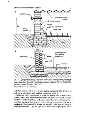 DRlNKlNG WATER SYSTEM DESIGN                                                              113

  a.




                                                     1:2 cement/sand


   1.2m                                                  plastic membrane
              soil
                                                                brick f locr
              backfill
                         1



  b.
                                                                   cement plaster
                                                                   with sealing
          grouting                                                 compound
                                                               r

                                                                               concrp+*




Fig. 5.6 Conrrasring merhods of cons~nrction fiw brickwork rtdnwrrr rclnks. Diqytwr (n)
shows a smcdl runk built irt Wesr Juvn. Indonesia a&hour reinforcemtw. (Kcrkvoordcn 1982) The
other diagram fb) is II detail of LI larger runk designed in Zimbabwe wirh wire rcir@wrenwnr
between MO skirts 01’ brickwork. (Hall 1975)
Note: Bricks are noI of smndard size.


and then painted with a proprietary sealing compound. The West Java
tank has a brick floor with a plastic membrane below it.
   Cylindrical tanks constructed in brick are widely used in East Africa
(UNEP ‘.983), and Nissen-Petersen (1982) describes the use of concrete
blocks to build similar tanks in Kenya. Again there are reinforcing wires
encirchng the tank, this time set in the mortar between the courses of
blockwork. More typical of Kenya are matofali      tanks, that is, made of
locally burned brick. They are typically of about 10m3 capacity and are to
 