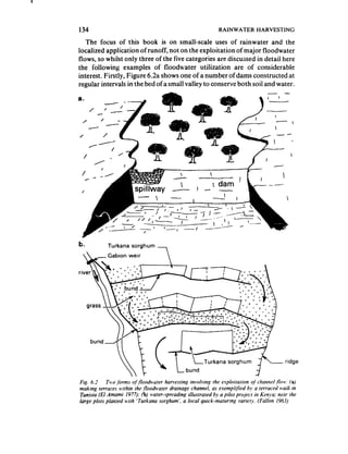 134                                                                            RAINWATER HARVESTING

   The focus of this book is on small-scale uses of rainwater and the
localized application of runoff, not on the exploitation of major floodwater
flows, so whilst only three of the five categories are discussed in detail here
the following examples of floodwater utilization are of considerable
interest. Firstly, Figure 6.2a shows one of a number of dams constructed at
regular intervals in the bed of a small valley to conserve both soil and water.

a.
           -         ---




                                                                            dam ’                 --.--
                                                   -            l-




                                                                           I               __._I
         r_/-   /                    .,       ,        ’-      ,     ---
         I __cc-              -.-              ----I

b.             Turkana     sorghum        -

                                               




                                                                     Turkana     sorghum                   ridge


Fig. 6.2    Two .foms of jloohvurer   harvesting              involving the esploirarion of channeI,/lnw: (a)
making terraces within rhe.floodwarer drainage                 channel, as e.remplQIed by a terraced wadi in
Tunisia (El Amami 1977): (b) water-spreading                illustrated by a piior projecr in Kenya; note the
large plots planted with ’ Turkana sorghum’. a              local quick-muturing     variety. (Fallon 1963)
 