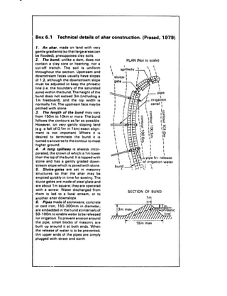 Box 6.1           Technical         details       of ahar construction.               (Prasad,        1979)

 7. An aher, made on land with very
gentle gradients (so that large areas can
be flooded), presupposes            clay soils.
2. The bund, unlike a dam, does not                                   PLAN (Not to scale)
contain a clay core or hearting,              nor a
cut-off     trench.      The soil is uniform              
                                                              
throughout        the section. Upstream           and
downstream          faces usually have slopes
of 1:2, although        the downstream        slope
must be adjusted to keep the phreatic
line (i.e. the boundary of the saturated
zone) within the bund. The height of the
bund does not exceed 3m (including                   a
lm freeboard),          and the top width is
normally 1 m. The upstream face may be
pitched with stone.
3. The length of the bund may vary
from 150m to 1Okm or more. The bund
follows the contours as far as possible.
However,        on very gently sloping land
(e.g. a fall of O.lm in lkm) exact align-
ment is not important.               Where       it is
desired      to terminate        the bund it is                              (0 -                    
turned transverse!0
higher ground.
                             the contour to meet                             13 
4. A long spillway is always incor-                                     d’G ‘I !
                                                                           i                          I
porated, the crown of which is 1 m lower
than the top of the bund. It is topped with                             1
                                                                                p    pipe for release
stone and has a gently graded down-
stream slope which is paved with stone.
                                                                         1,  RF .I.of irrigation   water
                                                                                                     
5. Sluice-gates            are set in masonry
structures       so that the ahar may be
emptied quickly in time for sowing. The
sluice gates are made of steel plate and
are about 1 m square; they are operated
with a screw. Water discharged                  from
                                                                        SECTION        OF DUND
them is led to a local stream,                 or to
another ahar downslope.                                                                 lm
6. Pipes made of stoneware,               concrete
or cast iron, 150-300mm               in diameter,
are embedded in the bund at intervals of
50-l OOm to enable water to be released
for irrigation.      To prevent erosion around                    &.-                         ----I
the pipe, small blocks of masonry are                             I             16,    max            I
built up around it at both ends. When
the release of water is to be prevented,
ths upper ends of the pipes are simply
plugged with straw and earth.
 