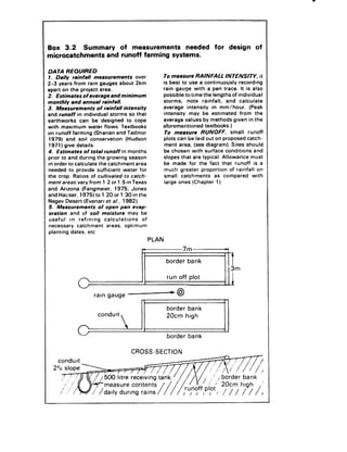 Box 3.2     Summary    of measurements     needed                               for       design      of
    microcatchments    and runoff farming systems.

  DATA REOUIRED
  1. Daily rainfall      measurements           owx       To measure RAINFALL            INTENSITY.         it
  2-3 years from rain gauges about 2km                    is best to use a continuously        recording
  apart on the project area.                              rain gauge with a pen trace. It is also
  2. Estimates     of average and minimum                 possible to time the lengths of individual
  monthly     and annual rainfall.                        storms,    note rainfall,       and calculate
  3. Measurements         of rainfall intensity           average    intensity     in mm/hour.        (Peak
  and runoff in individual        storms so that          intensity   may be estimated          from the
  earthworks     can be designed            to cope       average values by methods given in the
  with maximum        water flows. Textbooks              aforementioned       textbooks.)
  on runoff farming (Shanan and Tadmor                     To measure        RUNOFF,        small   runoff
  1979) and soil conservation              (Hudson        plots can be laid out on proposed catch-
  1971) give details.                                      ment area, (see diagram). Sites should
  4. Estimates      of totalrunoff      in months         be chosen with surface conditions             and
  prior to and during the growing season                  slopes that are typical. Allowance           must
  in order to calculate the catchment           area      be made for the fact that runoff is a
  needed to provrde sufficient           water for         much greater proportion         of rainfall on
i the crop. Ratros of cultivated          to catch-       small catchments           as compared        with
  ment areas vary from 1:2 or 1:5 in Texas                large ones (Chapter 1).
  and Arizona (Fangmeter.           1975; Jones
  and Hauser, 1975) to 1:20 or 1130 in the
  Negev Desert (Evenari et al.. 1982).
  5. Measurements          of open pan evap-
  oration    and of soil moisture            may be
   useful    tn refining      calculations         of
  necessary     catchment      areas, optrmum
  planting dates, etc
                                                     PLAN
I                                                 t-------m-


                 p                                11           run off plot
                 u
                         rain   gauge      -0                     0
                                                  [I           border bank
                           conduit                             20cm high
                                                                                          1
                                                               border bank

                                             CROSS-SECTION
      conduit
     2% slope 
 