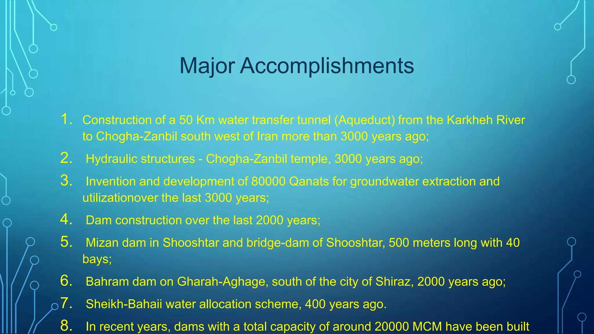 Major Accomplishments
1. Construction of a 50 Km water transfer tunnel (Aqueduct) from the Karkheh River
to Chogha-Zanbil south west of Iran more than 3000 years ago;

2. Hydraulic structures - Chogha-Zanbil temple, 3000 years ago;
3. Invention and development of 80000 Qanats for groundwater extraction and
utilizationover the last 3000 years;

4. Dam construction over the last 2000 years;
5. Mizan dam in Shooshtar and bridge-dam of Shooshtar, 500 meters long with 40
bays;

6. Bahram dam on Gharah-Aghage, south of the city of Shiraz, 2000 years ago;
7. Sheikh-Bahaii water allocation scheme, 400 years ago.
8. In recent years, dams with a total capacity of around 20000 MCM have been built

 