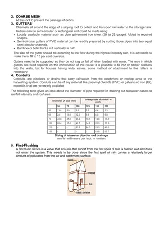 2. COARSE MESH
At the roof to prevent the passage of debris.

3. GUTTERS
Channels all around the edge of a sloping roof to collect and transport rainwater to the storage tank.
Gutters can be semi-circular or rectangular and could be made using:
 Locally available material such as plain galvanised iron sheet (20 to 22 gauge), folded to required
shapes.
 Semi-circular gutters of PVC material can be readily prepared by cutting those pipes into two equal
semi-circular channels.
 Bamboo or betel trunks cut vertically in half.
The size of the gutter should be according to the flow during the highest intensity rain. It is advisable to
make them 10 to 15 per cent oversize.
Gutters need to be supported so they do not sag or fall off when loaded with water. The way in which
gutters are fixed depends on the construction of the house; it is possible to fix iron or timber brackets
into the walls, but for houses having wider eaves, some method of attachment to the rafters is
necessary.

4. Conduits
Conduits are pipelines or drains that carry rainwater from the catchment or rooftop area to the
harvesting system. Conduits can be of any material like polyvinyl chloride (PVC) or galvanized iron (GI),
materials that are commonly available.
The following table gives an idea about the diameter of pipe required for draining out rainwater based on
rainfall intensity and roof area:
Diameter Of pipe (mm)

Average rate of rainfall in
mm/h

50

75

100

125

150

200

50

13.4

8.9

6.6

5.3

4.4

3.3

65

24.1

16.0

12.0

9.6

8.0

6.0

75

40.8

27.0

20.4

16.3

13.6

10.2

100

85.4

57.0

42.7

34.2

28.5

21.3

125

-

-

80.5

64.3

53.5

40.0

-

-

-

-

83.6

62.7

150

Sizing of rainwater pipe for roof drainage
mm/ h - millimeters per hour; m - meters

5. First-Flushing
A first flush device is a valve that ensures that runoff from the first spell of rain is flushed out and does
not enter the system. This needs to be done since the first spell of rain carries a relatively larger
amount of pollutants from the air and catchment surface.

 