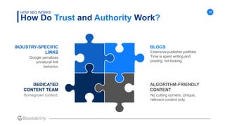 15
How Do Trust and Authority Work?
HOW SEO WORKS
INDUSTRY-SPECIFIC
LINKS
Google penalizes
unnatural link
behavior.
DEDICA...