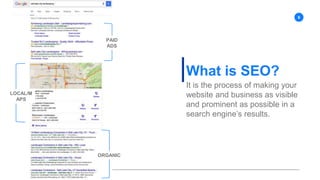 6
What is SEO?
It is the process of making your
website and business as visible
and prominent as possible in a
search engi...