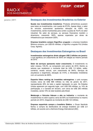 janeiro | 2011                  Destaques dos Investimentos Brasileiros no Exterior
                                Queda nos investimentos brasileiros: Produtos alimentícios puxaram
                                para baixo os investimentos, com queda de 97,9%. Apesar disso, o setor
                                de veículos automotores apresentou elevação de 436% nos
                                investimentos, sendo insuficientes para conter a queda de 76,4% do setor
                                industrial. No setor de serviços, os serviços financeiros mantém o
                                dinamismo, crescendo 180%, apenas superados por obras de
                                infraestrutura que cresceram 220%.

                                Empresa brasileira compra frigorífico uruguaio: a empresa brasileira
                                Minerva comprou, por US$ 65 milhões, o frigorífico uruguaio Pul (Unidos
                                Coop. Agrária).

                                Destaques dos Investimentos Estrangeiros no Brasil
                                Investimentos estrangeiros direto atingem US$ 3 bilhões em janeiro:
                                o que significou um crescimento de 393% em relação ao mesmo período
                                de 2010.

                                Setor de serviços apresenta maior crescimento. O investimento no
                                setor cresceu 135,3%, se comparado com janeiro de 2010. Dentre os
                                setores que receberam o montante total de US$ 1,9 bilhão, estão:
                                comércio, exceto veículo, com crescimento de 844%; Serviços de
                                arquitetura e engenharia, elevação de 515%; e Atividades imobiliárias
                                com um aumento de 460%.

                                Espanha lidera ranking de investidos estrangeiros: o país europeu
                                investiu cerca de US$ 668 milhões no mês de janeiro de 2011,
                                representando 26% de todo o capital ingressado no país. Os Estados
                                Unidos aparecem em segundo lugar, com US$ 359 milhões, ou 14% de
                                participação, e o Canadá em terceiro, com cerca de US$ 256 milhões
                                investidos, sendo 10% do total recebido pelo Brasil.

                                Metalurgia e Veículos lideram a alta na Indústria: o montante de
                                investimentos no setor superou cerca de 50% os investimentos no mesmo
                                período em 2010, chegando ao montante de US$ 123 milhões.

                                Empresa espanhola compra a brasileira Elektro: o Grupo Iberdrola
                                fechou a compra da distribuidora de energia brasileira por US$ 2,4
                                bilhões, em acordo com a Ashmore Energy International (AEI).




 Elaboração: DEREX / Área de Análise Econômica do Comércio Exterior – Fevereiro de 2011
 