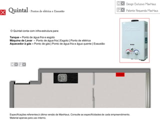 Quintal - Pontos de elétrica e Exaustão

 O Quintal conta com infra-estrutura para:

Tanque – Ponto de água fria e esgoto
Máquina de Lavar - Ponto de água fria | Esgoto | Ponto de elétrica
Aquecedor à gás – Ponto de gás | Ponto de água fria e água quente | Exaustão




Especificações referentes à última versão de MaxHaus. Consulte as especificidades de cada empreendimento.
Material apenas para uso interno.
 