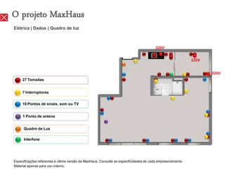 O projeto MaxHaus
Elétrica | Dados | Quadro de luz



                                                                                        220V


                                                                                                            220V


                                                                                                                   220V
     27 Tomadas


     7 Interruptores


     10 Pontos de sinais, som ou TV


     1 Ponto de antena


      Quadro de Luz

      Interfone




Especificações referentes à última versão de MaxHaus. Consulte as especificidades de cada empreendimento.
Material apenas para uso interno.
 