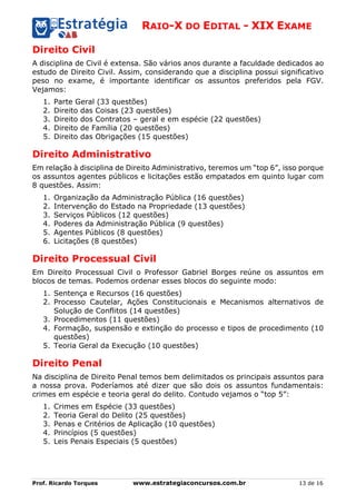 RAIO-X DO EDITAL - XIX EXAME
Prof. Ricardo Torques www.estrategiaconcursos.com.br 13 de 16
Direito Civil
A disciplina de Civil é extensa. São vários anos durante a faculdade dedicados ao
estudo de Direito Civil. Assim, considerando que a disciplina possui significativo
peso no exame, é importante identificar os assuntos preferidos pela FGV.
Vejamos:
1. Parte Geral (33 questões)
2. Direito das Coisas (23 questões)
3. Direito dos Contratos – geral e em espécie (22 questões)
4. Direito de Família (20 questões)
5. Direito das Obrigações (15 questões)
Direito Administrativo
Em relação à disciplina de Direito Administrativo, teremos um “top 6”, isso porque
os assuntos agentes públicos e licitações estão empatados em quinto lugar com
8 questões. Assim:
1. Organização da Administração Pública (16 questões)
2. Intervenção do Estado na Propriedade (13 questões)
3. Serviços Públicos (12 questões)
4. Poderes da Administração Pública (9 questões)
5. Agentes Públicos (8 questões)
6. Licitações (8 questões)
Direito Processual Civil
Em Direito Processual Civil o Professor Gabriel Borges reúne os assuntos em
blocos de temas. Podemos ordenar esses blocos do seguinte modo:
1. Sentença e Recursos (16 questões)
2. Processo Cautelar, Ações Constitucionais e Mecanismos alternativos de
Solução de Conflitos (14 questões)
3. Procedimentos (11 questões)
4. Formação, suspensão e extinção do processo e tipos de procedimento (10
questões)
5. Teoria Geral da Execução (10 questões)
Direito Penal
Na disciplina de Direito Penal temos bem delimitados os principais assuntos para
a nossa prova. Poderíamos até dizer que são dois os assuntos fundamentais:
crimes em espécie e teoria geral do delito. Contudo vejamos o “top 5”:
1. Crimes em Espécie (33 questões)
2. Teoria Geral do Delito (25 questões)
3. Penas e Critérios de Aplicação (10 questões)
4. Princípios (5 questões)
5. Leis Penais Especiais (5 questões)
 
