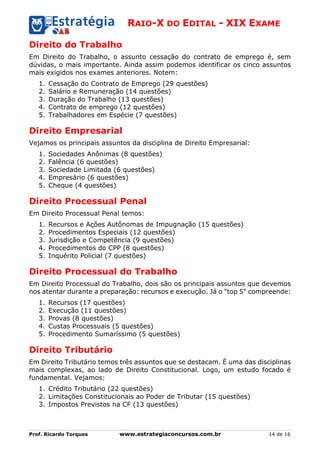 RAIO-X DO EDITAL - XIX EXAME
Prof. Ricardo Torques www.estrategiaconcursos.com.br 14 de 16
Direito do Trabalho
Em Direito do Trabalho, o assunto cessação do contrato de emprego é, sem
dúvidas, o mais importante. Ainda assim podemos identificar os cinco assuntos
mais exigidos nos exames anteriores. Notem:
1. Cessação do Contrato de Emprego (29 questões)
2. Salário e Remuneração (14 questões)
3. Duração do Trabalho (13 questões)
4. Contrato de emprego (12 questões)
5. Trabalhadores em Espécie (7 questões)
Direito Empresarial
Vejamos os principais assuntos da disciplina de Direito Empresarial:
1. Sociedades Anônimas (8 questões)
2. Falência (6 questões)
3. Sociedade Limitada (6 questões)
4. Empresário (6 questões)
5. Cheque (4 questões)
Direito Processual Penal
Em Direito Processual Penal temos:
1. Recursos e Ações Autônomas de Impugnação (15 questões)
2. Procedimentos Especiais (12 questões)
3. Jurisdição e Competência (9 questões)
4. Procedimentos do CPP (8 questões)
5. Inquérito Policial (7 questões)
Direito Processual do Trabalho
Em Direito Processual do Trabalho, dois são os principais assuntos que devemos
nos atentar durante a preparação: recursos e execução. Já o "top 5" compreende:
1. Recursos (17 questões)
2. Execução (11 questões)
3. Provas (8 questões)
4. Custas Processuais (5 questões)
5. Procedimento Sumaríssimo (5 questões)
Direito Tributário
Em Direito Tributário temos três assuntos que se destacam. É uma das disciplinas
mais complexas, ao lado de Direito Constitucional. Logo, um estudo focado é
fundamental. Vejamos:
1. Crédito Tributário (22 questões)
2. Limitações Constitucionais ao Poder de Tributar (15 questões)
3. Impostos Previstos na CF (13 questões)
 
