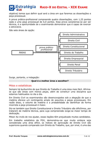 RAIO-X DO EDITAL - XIX EXAME
Prof. Ricardo Torques www.estrategiaconcursos.com.br 3 de 16
objetiva) temos que definir qual será a área em que faremos as dissertações e
peça processual.
A prova prático-profissional compreende quatro dissertações, com 1,25 pontos
cada e uma peça processual de 6,0 pontos. Essa prova caracteriza-se por ser
técnica, é a oportunidade de o examinando demonstrar que é capaz de exercer
a advocacia.
São sete áreas de opção:
Surge, portanto, a indagação:
Qual é a melhor área a escolher?
Mitos e estatísticas
Sempre há burburinho de que Direito do Trabalho é uma área mais fácil. Afirma-
se que são áreas com menos peças, além de constituir uma disciplina que
estamos habituados no dia a dia.
Em Direito Civil os examinandos são desencorajados sob a alegação de que a
matéria oferece um contingente amplo de assuntos e peças processuais. Em
razão disso, o volume de matéria e a probabilidade de identificar de forma
incorreta a peça processual é maior.
Diz-se também que Direito Constitucional e Direito Tributário são dificílimos, por
tratarem de matéria técnica, para cuja compreensão exige-se maior tempo de
dedicação.
Mitos! Ao invés de nos ajudar, essas ilações têm prejudicado muitos candidatos.
Em trabalho estatístico da FGV, demonstrou-se que muito embora seja
considerada uma área difícil, os índices de aprovação de Direito Civil são
superiores quando comparado com Direito do Trabalho, que, por sinal, é uma das
ÁREAS
Direito Administrativo
Direito Civil
Direito Constitucional
Direito do Trabalho
Direito Empresarial
Direito Penal
Direito Tributário
prova prático-
profissional
 