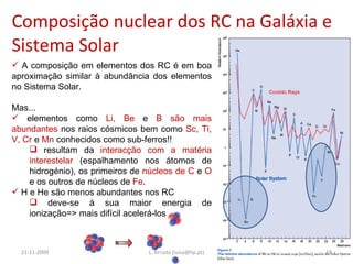 Composição nuclear dos RC na Galáxia e Sistema Solar 21-11-2009 L. Arruda (luisa@lip.pt) A composição em elementos dos RC é em boa aproximação similar à abundância dos elementos no Sistema Solar. Mas... elementos como  Li, Be  e  B são mais abundantes  nos raios cósmicos bem como  Sc, Ti, V, Cr  e  Mn  conhecidos como sub-ferros!! resultam da  interacção com a matéria interestelar  (espalhamento nos átomos de hidrogénio), os primeiros de  núcleos de C  e  O  e os outros de núcleos de  Fe . H e He são menos abundantes nos RC  deve-se à sua maior energia de ionização=> mais difícil acelerá-los 
