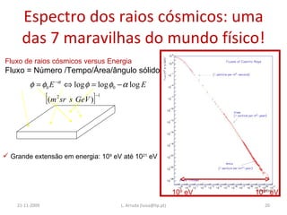 Espectro dos raios cósmicos: uma das 7 maravilhas do mundo físico! 21-11-2009 L. Arruda (luisa@lip.pt) Grande extensão em energia: 10 9  eV até 10 21  eV Fluxo de raios cósmicos versus Energia  Fluxo = Número /Tempo/Área/ângulo sólido  10 9  eV  10 21  eV  