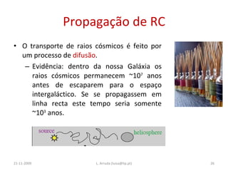 Propagação de RC O transporte de raios cósmicos é feito por um processo de  difusão . Evidência: dentro da nossa Galáxia os raios cósmicos permanecem ~10 7  anos antes de escaparem para o espaço intergaláctico. Se se propagassem em linha recta este tempo seria somente ~10 3  anos. 21-11-2009 L. Arruda (luisa@lip.pt) 