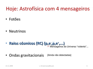 Hoje: Astrofísica com 4 mensageiros Fotões Neutrinos Raios cósmicos (RC) (p,e - ,p,e + ,...) Ondas gravitacionais 21-11-2009 L. Arruda (luisa@lip.pt) Mensageiros do Universo “violento”... [Ainda não detectadas] 
