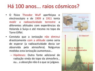 Há 100 anos... raios cósmicos? O físico  Theodor Wulf  aperfeiçoa o electroscópio e de  1909  a  1911  tenta  medir a radioactividade terrestre  a diferentes altitudes com experiências da Holanda à Suiça e até mesmo no topo da Torre Eiffel.  Constata que a ionização  não diminui  drasticamente  com a altitude  como seria de esperar (a radioactividade devia ser absorvida pela atmosfera). Nalgumas medidas esta ionização aumentava… Hipóteses:  Outra fonte adicional de radiação vinda do topo da atmosfera… ou… a absorção não é o que se julgava. 80 m: fluxo/2 3.5 iões/cm 3 325 m: fluxo/15 => 0.4 iões/cm 3  esperados 