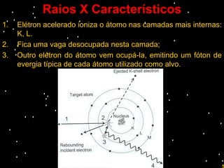 Raios X Característicos
1.   Elétron acelerado ioniza o átomo nas camadas mais internas:
     K, L.
2.   Fica uma vaga desocupada nesta camada;
3.   Outro elétron do átomo vem ocupá-la, emitindo um fóton de
     evergia típica de cada átomo utilizado como alvo.




                          Prof. Rodrigo Penna
                                                                   5
 