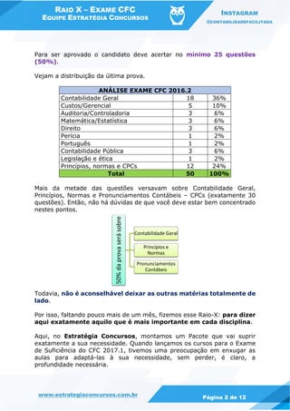 RAIO X – EXAME CFC
EQUIPE ESTRATÉGIA CONCURSOS
INSTAGRAM
@CONTABILIDADEFACILITADA
www.estrategiaconcursos.com.br Página 2 de 12
Para ser aprovado o candidato deve acertar no mínimo 25 questões
(50%).
Vejam a distribuição da última prova.
ANÁLISE EXAME CFC 2016.2
Contabilidade Geral 18 36%
Custos/Gerencial 5 10%
Auditoria/Controladoria 3 6%
Matemática/Estatística 3 6%
Direito 3 6%
Perícia 1 2%
Português 1 2%
Contabilidade Pública 3 6%
Legislação e ética 1 2%
Princípios, normas e CPCs 12 24%
Total 50 100%
Mais da metade das questões versavam sobre Contabilidade Geral,
Princípios, Normas e Pronunciamentos Contábeis – CPCs (exatamente 30
questões). Então, não há dúvidas de que você deve estar bem concentrado
nestes pontos.
Todavia, não é aconselhável deixar as outras matérias totalmente de
lado.
Por isso, faltando pouco mais de um mês, fizemos esse Raio-X: para dizer
aqui exatamente aquilo que é mais importante em cada disciplina.
Aqui, no Estratégia Concursos, montamos um Pacote que vai suprir
exatamente a sua necessidade. Quando lançamos os cursos para o Exame
de Suficiência do CFC 2017.1, tivemos uma preocupação em enxugar as
aulas para adaptá-las à sua necessidade, sem perder, é claro, a
profundidade necessária.
50%daprovaserásobre
Contabilidade Geral
Princípios e
Normas
Pronunciamentos
Contábeis
 