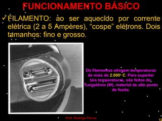 FUNCIONAMENTO BÁSICO FILAMENTO: ao ser aquecido por corrente elétrica (2 a 5 Ampères), “cospe” elétrons. Dois tamanhos: fino e grosso. Prof. Rodrigo Penna Os filamentos atingem temperaturas de mais de  2.000 o  C . Para suportar tais temperaturas, são feitos de  Tungstênio (W), material de alto ponto de fusão. 