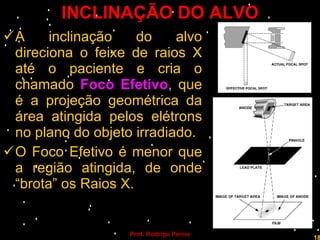 INCLINAÇÃO DO ALVO A inclinação do alvo direciona o feixe de raios X até o paciente e cria o chamado  Foco Efetivo , que é a projeção geométrica da área atingida pelos elétrons no plano do objeto irradiado. O Foco Efetivo é menor que a região atingida, de onde “brota” os Raios X. Prof. Rodrigo Penna 