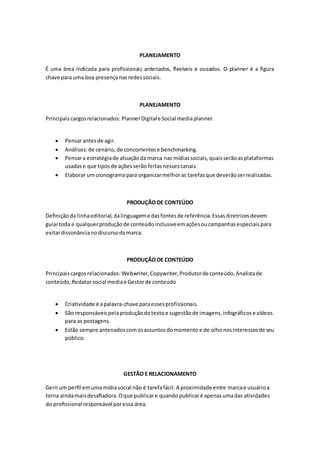 PLANEJAMENTO
É uma área indicada para profissionais antenados, flexíveis e ousados. O planner é a figura
chave para uma boa presençanasredessociais.
PLANEJAMENTO
Principaiscargosrelacionados: PlannerDigitale Social mediaplanner
 Pensarantesde agir.
 Análises:de cenário, de concorrentese benchmarking.
 Pensara estratégiade atuaçãoda marca nas mídiassociais,quaisserãoasplataformas
usadase que tiposde açõesserão feitasnessescanais.
 Elaborar umcronograma para organizarmelhoras tarefasque deverãoserrealizadas.
PRODUÇÃO DE CONTEÚDO
Deﬁnição da linhaeditorial,dalinguageme dasfontesde referência.Essasdiretrizesdevem
guiartoda e qualquerproduçãode conteúdoinclusiveemaçõesoucampanhasespeciaispara
evitardissonâncianodiscursodamarca.
PRODUÇÃO DE CONTEÚDO
Principaiscargos relacionados:Webwriter,Copywriter,Produtorde conteúdo,Analistade
conteúdo,Redatorsocial mediae Gestorde conteúdo
 Criatividade é apalavra-chave paraessesprofissionais.
 São responsáveis pelaproduçãodotextoe sugestãode imagens,infográficose vídeos
para as postagens.
 Estão sempre antenadoscomosassuntosdomomento e de olhonosinteressesde seu
público.
GESTÃO E RELACIONAMENTO
Gerirum perﬁl emuma mídiasocial não é tarefafácil.A proximidade entre marcae usuárioa
torna aindamaisdesaﬁadora.Oque publicare quando publicaré apenasumadas atividades
do proﬁssional responsável poressa área.
 