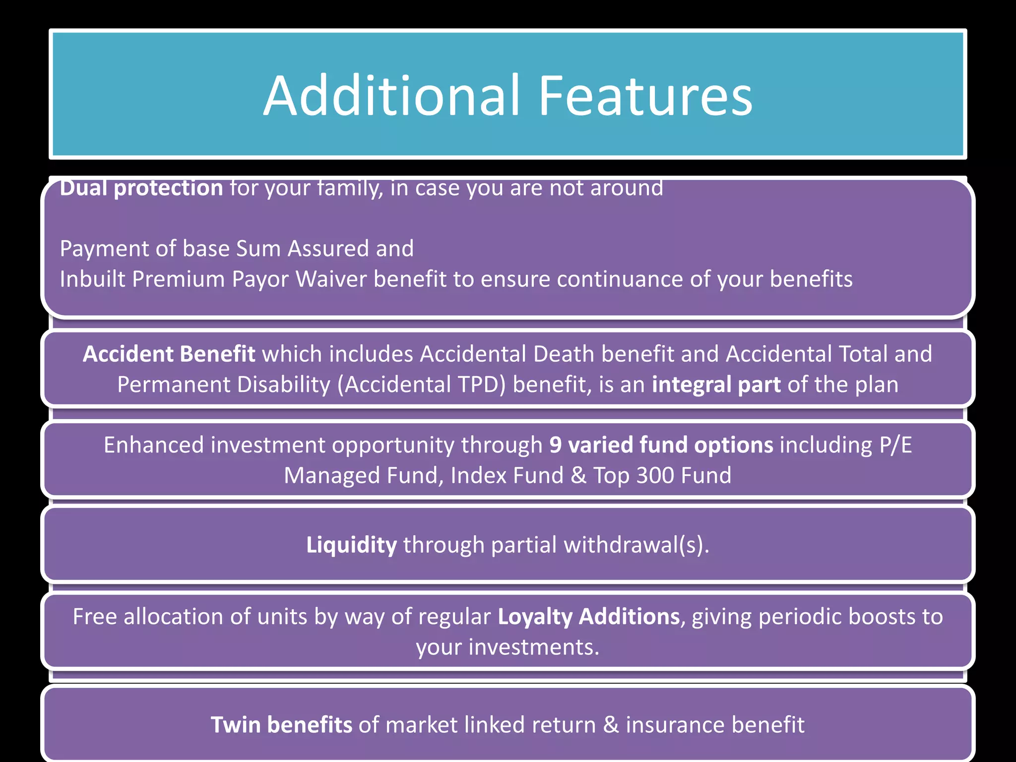 Additional Features
Dual protection for your family, in case you are not around
• Dual protection for your family, in case you are
Payment of base Sum Assured and
   not around
Inbuilt Premium Payor Waiver benefit to ensure continuance of your benefits

  Accident Benefit which includes Accidental Death benefit and Accidental Total and
     Permanent Disability (Accidental TPD) benefit, is an integral part of the plan

    Enhanced investment opportunity through 9 varied fund options including P/E
                    Managed Fund, Index Fund & Top 300 Fund

                        Liquidity through partial withdrawal(s).

 Free allocation of units by way of regular Loyalty Additions, giving periodic boosts to
                                    your investments.


              Twin benefits of market linked return & insurance benefit
 