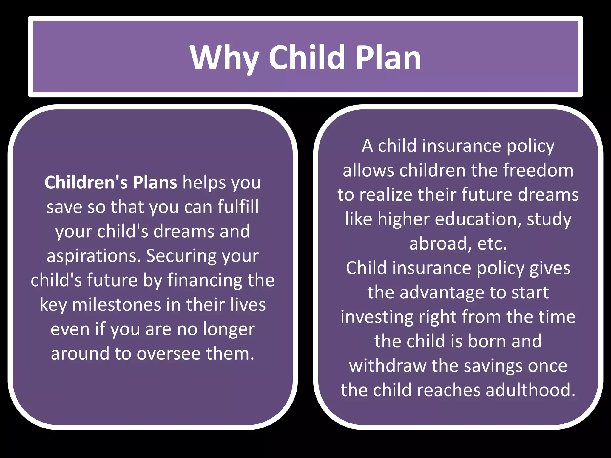 Why Child Plan

                                       A child insurance policy
                                   allows children the freedom
  Children's Plans helps you
                                  to realize their future dreams
  save so that you can fulfill
                                    like higher education, study
   your child's dreams and
                                             abroad, etc.
  aspirations. Securing your
                                    Child insurance policy gives
child's future by financing the
                                       the advantage to start
 key milestones in their lives
                                  investing right from the time
   even if you are no longer
                                        the child is born and
   around to oversee them.
                                     withdraw the savings once
                                   the child reaches adulthood.
 