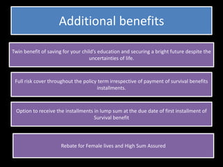 Additional benefits

Twin benefit of saving for your child’s education and securing a bright future despite the
                                   uncertainties of life.



 Full risk cover throughout the policy term irrespective of payment of survival benefits
                                      installments.



 Option to receive the installments in lump sum at the due date of first installment of
                                    Survival benefit




                      Rebate for Female lives and High Sum Assured
 
