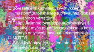 Boreaalisella kasvillisuusvyöhykkeellä
ilmastonmuutos etenee tuplavauhtia globaal
keskiarvoon verrattuna.
 Pääpuulajimm...