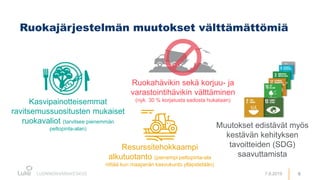 Ruokajärjestelmän muutokset välttämättömiä
67.8.2019
Ruokahävikin sekä korjuu- ja
varastointihävikin välttäminen
(nyk. 30 ...