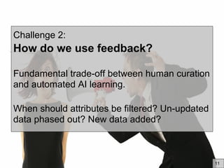 Challenge 2:
How do we use feedback?
Fundamental trade-off between human curation
and automated AI learning.
When should a...