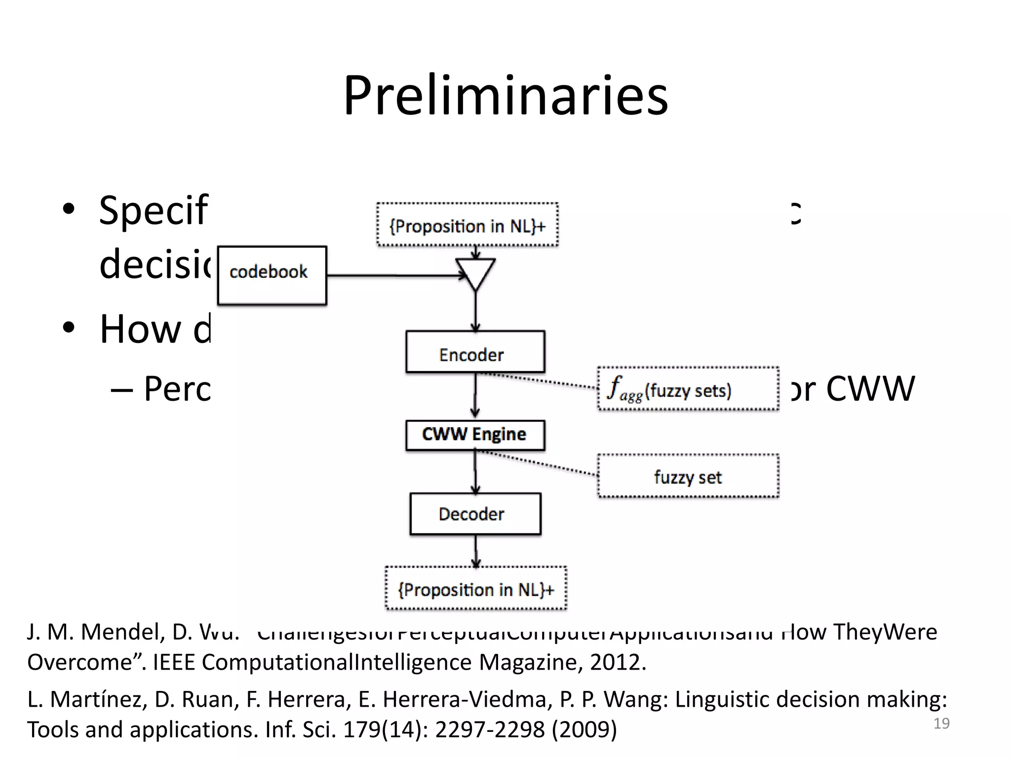 Preliminaries
&bull; Specification models become linguistic
decisions models
&bull; How do we assess them?
&ndash; Perceptual Computer &ndash; an architecture for CWW
J. M. Mendel, D. Wu. &ldquo;ChallengesforPerceptualComputerApplicationsand How TheyWere
Overcome&rdquo;. IEEE ComputationalIntelligence Magazine, 2012.
L. Mart&iacute;nez, D. Ruan, F. Herrera, E. Herrera-Viedma, P. P. Wang: Linguistic decision making:
Tools and applications. Inf. Sci. 179(14): 2297-2298 (2009) 19
 