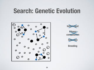 Search: Genetic Evolution
26
Initial input
Fitness
computation
Selection
Breeding
 