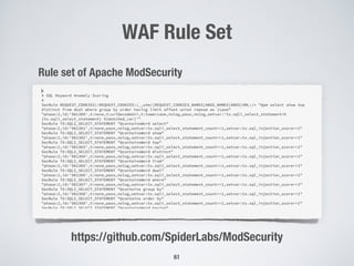 WAF Rule Set
61
Rule set of Apache ModSecurity
https://github.com/SpiderLabs/ModSecurity
 