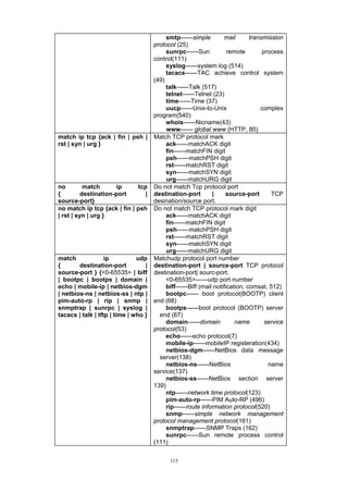 115
smtp——simple mail transmission
protocol (25)
sunrpc——Sun remote process
control(111)
syslog——system log (514)
tacacs——TAC achieve control system
(49)
talk——Talk (517)
telnet——Telnet (23)
time——Time (37)
uucp——Unix-to-Unix complex
program(540)
whois——Nicname(43)
www—— global www (HTTP, 80)
match ip tcp {ack | fin | psh |
rst | syn | urg }
Match TCP protocol mark
ack——matchACK digit
fin——matchFIN digit
psh——matchPSH digit
rst——matchRST digit
syn——matchSYN digit
urg——matchURG digit
no match ip tcp
{ destination-port |
source-port}
Do not match Tcp protocol port
destination-port | source-port TCP
desination/source port.
no match ip tcp {ack | fin | psh
| rst | syn | urg }
Do not match TCP protocol mark digit
ack——matchACK digit
fin——matchFIN digit
psh——matchPSH digit
rst——matchRST digit
syn——matchSYN digit
urg——matchURG digit
match ip udp
{ destination-port |
source-port } {<0-65535> | biff
| bootpc | bootps | domain |
echo | mobile-ip | netbios-dgm
| netbios-ns | netbios-ss | ntp |
pim-auto-rp | rip | snmp |
snmptrap | sunrpc | syslog |
tacacs | talk | tftp | time | who }
Matchudp protocol port number
destination-port | source-port TCP protocol
destination-port| sourc-port.
<0-65535>——udp port number
biff——Biff (mail notification, comsat, 512)
bootpc—— boot protocol(BOOTP) client
end (68)
bootps——boot protocol (BOOTP) server
end (67)
domain——domain name service
protocol(53)
echo——echo protocol(7)
mobile-ip——mobileIP registeration(434)
netbios-dgm——NetBios data message
server(138)
netbios-ns——NetBios name
service(137)
netbios-ss——NetBios section server
139)
ntp——network time protocol(123)
pim-auto-rp——PIM Auto-RP (496)
rip——route information protocol(520)
snmp——simple network management
protocol management protocol(161)
snmptrap——SNMP Traps (162)
sunrpc——Sun remote process control
(111)
 
