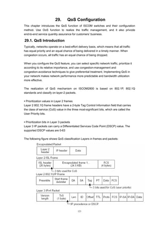 121
29. QoS Configuration
This chapter introduces the QoS function of ISCOM switches and their configuration
method. Use OoS function to realize the traffic management, and it also privode
end-to-end service quanlity assurance for customers’ business.
29.1. QoS Introduction
Typically, networks operate on a best-effort delivery basis, which means that all traffic
has equal priority and an equal chance of being delivered in a timely manner. When
congestion occurs, all traffic has an equal chance of being dropped.
When you configure the QoS feature, you can select specific network traffic, prioritize it
according to its relative importance, and use congestion-management and
congestion-avoidance techniques to give preferential treatment. Implementing QoS in
your network makes network performance more predictable and bandwidth utilization
more effective.
The realization of QoS mechanism on ISCOM2800 is based on 802.1P, 802.1Q
standards and classify on layer-2 packets.
• Prioritization values in Layer 2 frames
Layer 2 802.1Q frame headers have a 2-byte Tag Control Information field that carries
the class of service (CoS) value in the three most-significant bits, which are called the
User Priority bits.
• Prioritization bits in Layer 3 packets
Layer 3 IP packets can carry a Differentiated Services Code Point (DSCP) value. The
supported DSCP values are 0-63
The following figure shows QoS classification Layers in frames and packets:
 