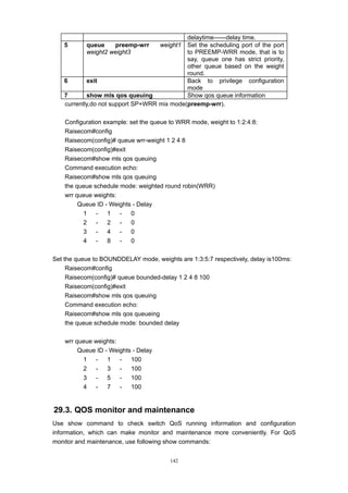 142
delaytime——delay time.
5 queue preemp-wrr weight1
weight2 weight3
Set the scheduling port of the port
to PREEMP-WRR mode, that is to
say, queue one has strict priority,
other queue based on the weight
round.
6 exit Back to privilege configuration
mode
7 show mls qos queuing Show qos queue information
currently,do not support SP+WRR mix mode(preemp-wrr).
Configuration example: set the queue to WRR mode, weight to 1:2:4:8:
Raisecom#config
Raisecom(config)# queue wrr-weight 1 2 4 8
Raisecom(config)#exit
Raisecom#show mls qos queuing
Command execution echo:
Raisecom#show mls qos queuing
the queue schedule mode: weighted round robin(WRR)
wrr queue weights:
Queue ID - Weights - Delay
1 - 1 - 0
2 - 2 - 0
3 - 4 - 0
4 - 8 - 0
Set the queue to BOUNDDELAY mode, weights are 1:3:5:7 respectively, delay is100ms:
Raisecom#config
Raisecom(config)# queue bounded-delay 1 2 4 8 100
Raisecom(config)#exit
Raisecom#show mls qos queuing
Command execution echo:
Raisecom#show mls qos queueing
the queue schedule mode: bounded delay
wrr queue weights:
Queue ID - Weights - Delay
1 - 1 - 100
2 - 3 - 100
3 - 5 - 100
4 - 7 - 100
29.3. QOS monitor and maintenance
Use show command to check switch QoS running information and configuration
information, which can make monitor and maintenance more conveniently. For QoS
monitor and maintenance, use following show commands:
 