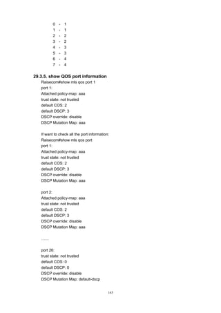 145
0 - 1
1 - 1
2 - 2
3 - 2
4 - 3
5 - 3
6 - 4
7 - 4
29.3.5. show QOS port information
Raisecom#show mls qos port 1
port 1:
Attached policy-map: aaa
trust state: not trusted
default COS: 2
default DSCP: 3
DSCP override: disable
DSCP Mutation Map: aaa
If want to check all the port information:
Raisecom#show mls qos port
port 1:
Attached policy-map: aaa
trust state: not trusted
default COS: 2
default DSCP: 3
DSCP override: disable
DSCP Mutation Map: aaa
port 2:
Attached policy-map: aaa
trust state: not trusted
default COS: 2
default DSCP: 3
DSCP override: disable
DSCP Mutation Map: aaa
……
port 26:
trust state: not trusted
default COS: 0
default DSCP: 0
DSCP override: disable
DSCP Mutation Map: default-dscp
 